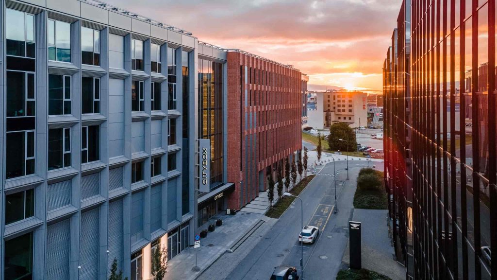 Picture of the facade at Citybox Tallinn at sunset